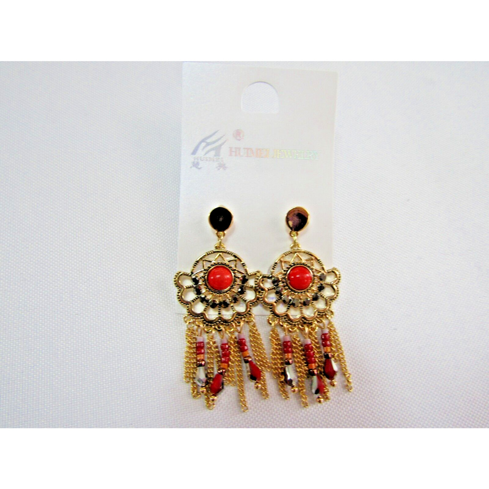 Huimei Gold Aztec Chain Bead Dangly Earrings Boho‎ Native American Stud